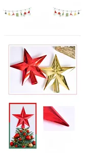 Detail view of red and gold plated star tree toppers showing glossy reflective texture