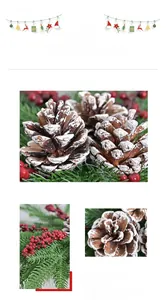 Detail of pine cones with artificial snow coating and red berries on a Christmas wreath