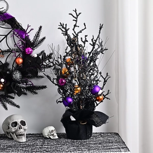 Halloween black tree and wreath with purple ornaments and skull for party decoration
