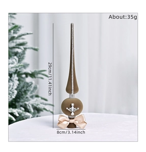 Brown flocked Christmas tree topper with diamond chains, ribbon bow, and 29cm dimensions