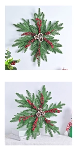 Close-up of snowflake Christmas wreath with red berries and natural pine cones