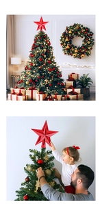 Classic red metallic star tree topper being placed on a decorated Christmas tree