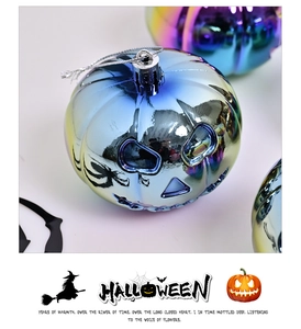 Macro detail of iridescent blue and purple Halloween pumpkin ornament with metallic finish