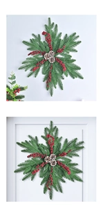 Close-up of snowflake wreath with red berries, green pine needles and natural pine cones