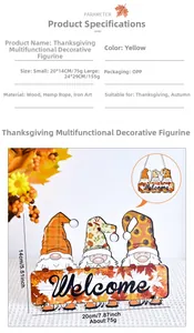 Detailed view of wooden Thanksgiving gnomes with Welcome sign and autumn decoration