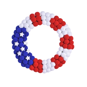 Couronne patriotique avec pompons rouge blanc bleu et étoiles argentées déco