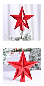 Macro detail of 3D red electroplated Christmas tree topper star with glossy finish