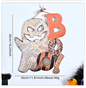 Panneau mural Halloween en bois avec motif fantôme et texte Boo au style journal