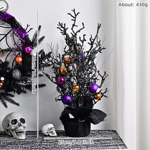 Halloween black tinsel tree with purple and orange baubles and a golden skull, 18.11 inches