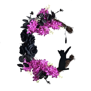 Halloween crescent moon wreath with black roses, cat silhouette and purple eucalyptus