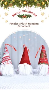 Three Christmas faceless gnome plush ornaments with striped and patterned hats