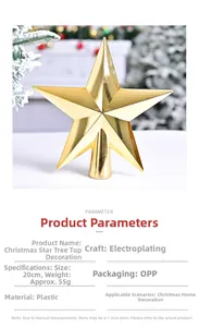 Detail of 20cm gold plated Christmas tree topper star with product specifications