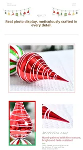 Detail of red and white striped candy Christmas cone with glitter and hand-painted finish