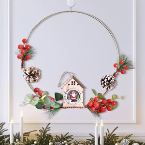 Christmas Wreath Metal Ring With Wooden House Pinecones Red Berries Santa Claus Snowman Hanging Ornament Holiday Decor