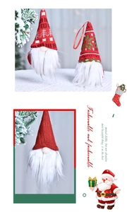 Detail of knitted Christmas gnome ornaments featuring red snowflake hats and white beards