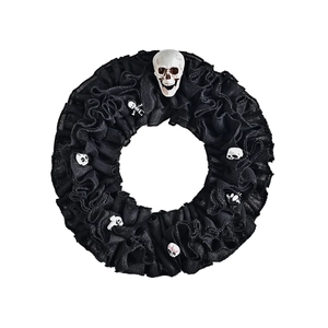 Halloween skull wreath with black pleated mesh and gothic skeleton ornaments on white background