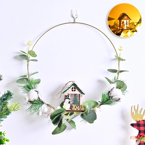 Christmas wreath with metal ring, pine cones, wooden house and LED lights for door decor