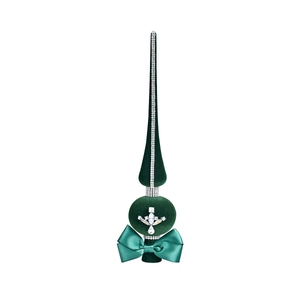 Dark green flocked Christmas tree topper with diamond cross emblem and satin bow decor