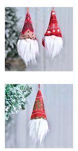 Detail of Christmas gnomes with knitted hats and white faux fur beards for tree decor