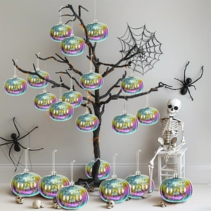 Iridescent 8cm Halloween pumpkin ornaments set displayed on decorative branches