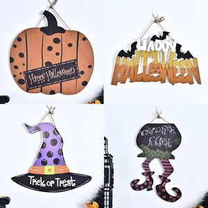 Panneau Suspendu en Bois d'Halloween Happy Halloween Trick Or Treat Décoration Porte Citrouille Chapeau de Sorcière Fantôme Chauve-souris
