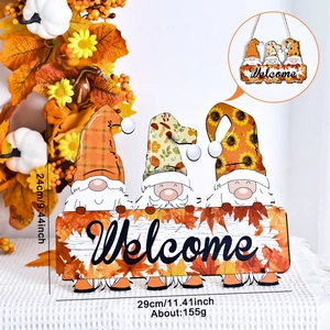 Fall wooden gnome welcome sign with orange plaid and sunflowers for Thanksgiving decor