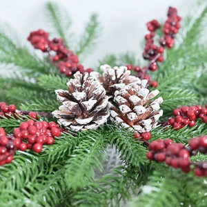 Christmas wreath with red berries, pine cones and snow-flocked green pine needles
