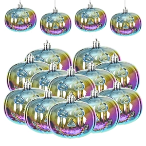 Set of 16 iridescent pumpkin ornaments with spooky faces for Halloween tree decor