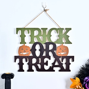 Plaque de porte Trick or Treat en bois pour Halloween avec citrouilles et corde de jute