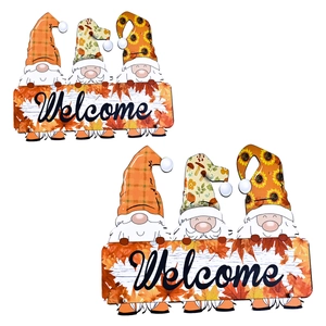 Welcome wooden gnome sign for fall decor featuring maple leaves and sunflower designs