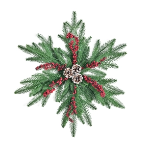 Snowflake Christmas wreath with artificial red berries and frosted pine cones on pine needles