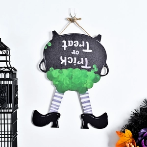 Plaque de porte Halloween chaudron de sorcière en bois avec texte Trick or Treat et jambes