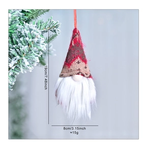Detailed view of 19cm plush Christmas gnome ornament with red knit hat and faux fur beard