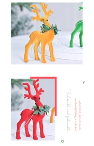 Detailed view of flocked Christmas reindeer ornaments with realistic leaf neck decor