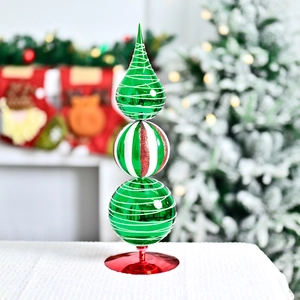 Three-tier glass Christmas tree ornament with striped Baubles on a red metallic base