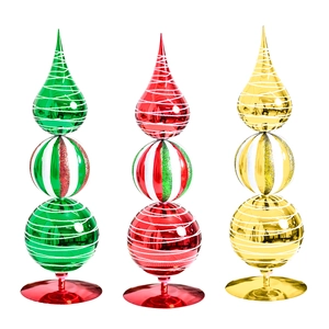 Three-piece set of electroplated Christmas tree tower ornaments in red, green, and gold