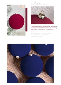 Detail of 10cm flocked velvet Christmas ball featuring golden embossed metal cap and texture