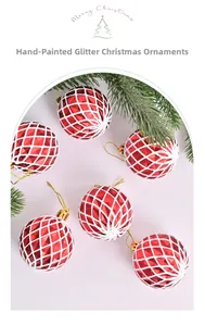 Lot de boules de Noël rouges de 6cm avec motifs de losanges blancs et paillettes