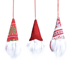 Set of three Christmas gnome hanging ornaments with knitted hats and white beards