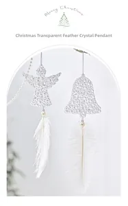 Detailed view of clear beaded Christmas angel and bell ornaments with white feathers