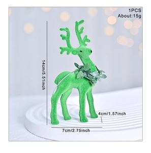 Macro detail of green flocked Christmas reindeer ornament with leaf collar and silver string
