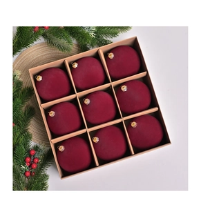Deep red velvet Christmas balls 9pcs set in a kraft paper box with gold hanging loops