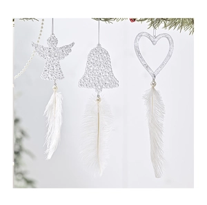 White Christmas ornaments with feathers and pearls including angel heart and bell shapes