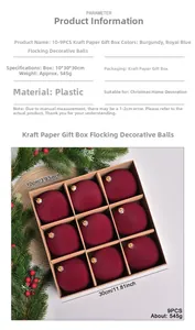 9pcs set of 10cm dark wine red flocked velvet Christmas ornaments in a kraft gift box
