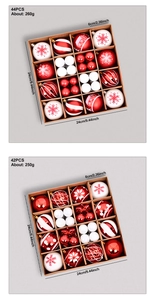 Detalle del set de 44 bolas de Navidad rojas y blancas con purpurina y copos de nieve