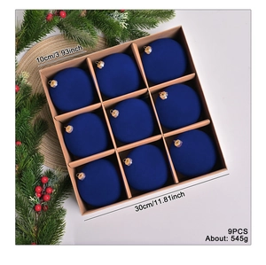 Detail showing 9pcs dark blue velvet Christmas balls with 10cm diameter and size specs