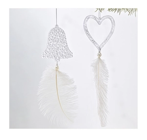 Close-up of elegant Christmas tree ornaments with white pearls and soft hanging feathers