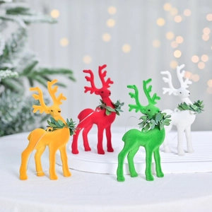 Flocked Christmas Reindeer Ornament Cute Reindeer Figurine With Green Leaf Collar Silver Hanging String For Tree Decor