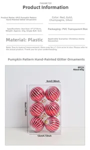 Detail of red pumpkin-shaped Christmas ornaments with silver glitter stripes in 6-pack box