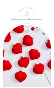 Detailed view of red flocked heart ornaments with gold metal caps for Christmas decor